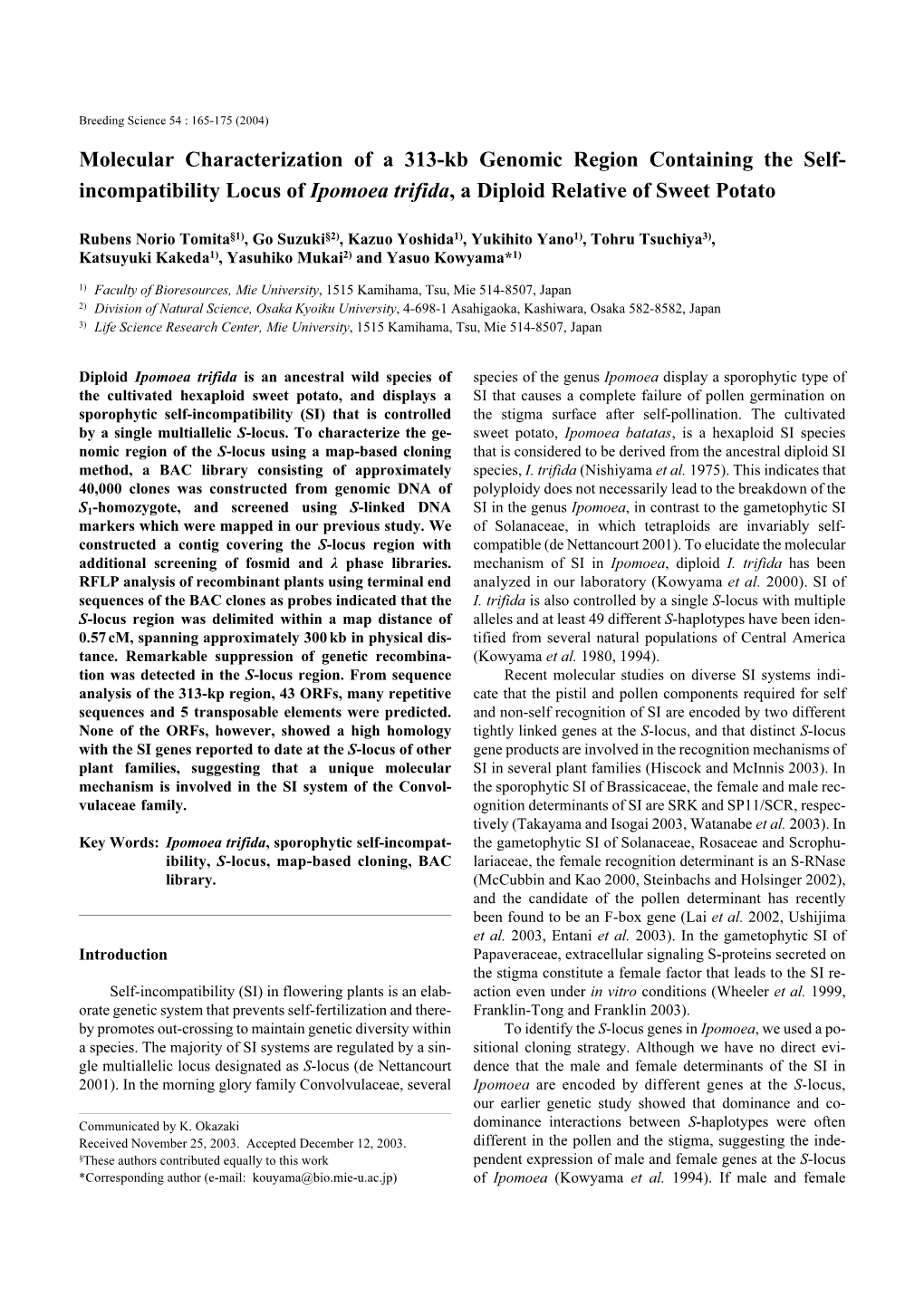 Molecular Characterization of a 313-Kb Genomic Region Containing the Self- Incompatibility Locus of Ipomoea Trifida, a Diploid Relative of Sweet Potato