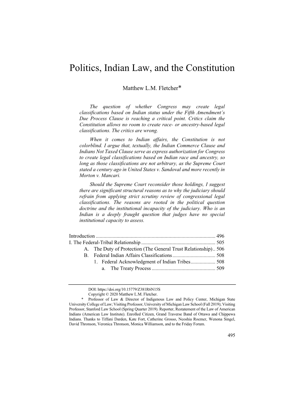 Politics, Indian Law, and the Constitution