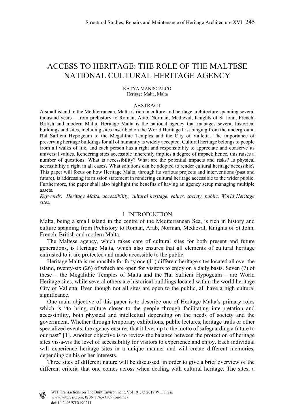 The Role of the Maltese National Cultural Heritage Agency