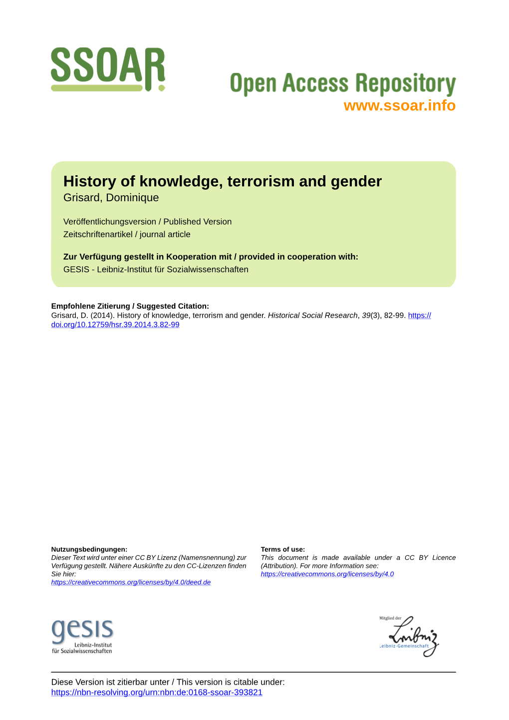 History of Knowledge, Terrorism and Gender Grisard, Dominique