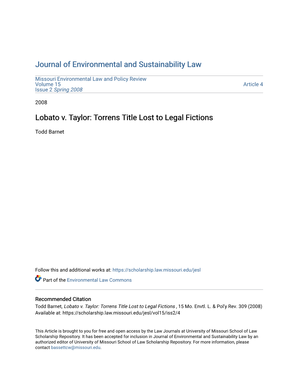 Lobato V. Taylor: Torrens Title Lost to Legal Fictions