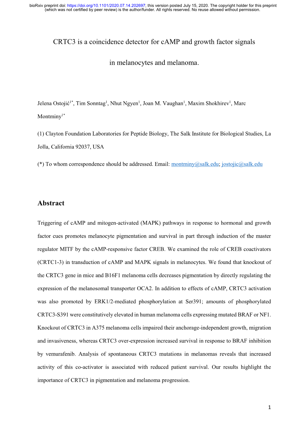 CRTC3 Is a Coincidence Detector for Camp and Growth Factor Signals in Melanocytes and Melanoma