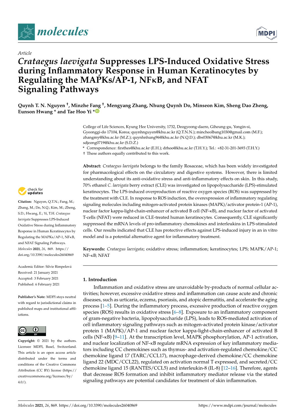 Crataegus Laevigata Suppresses LPS-Induced Oxidative Stress During Inflammatory Response in Human Keratinocytes by Regulating Th