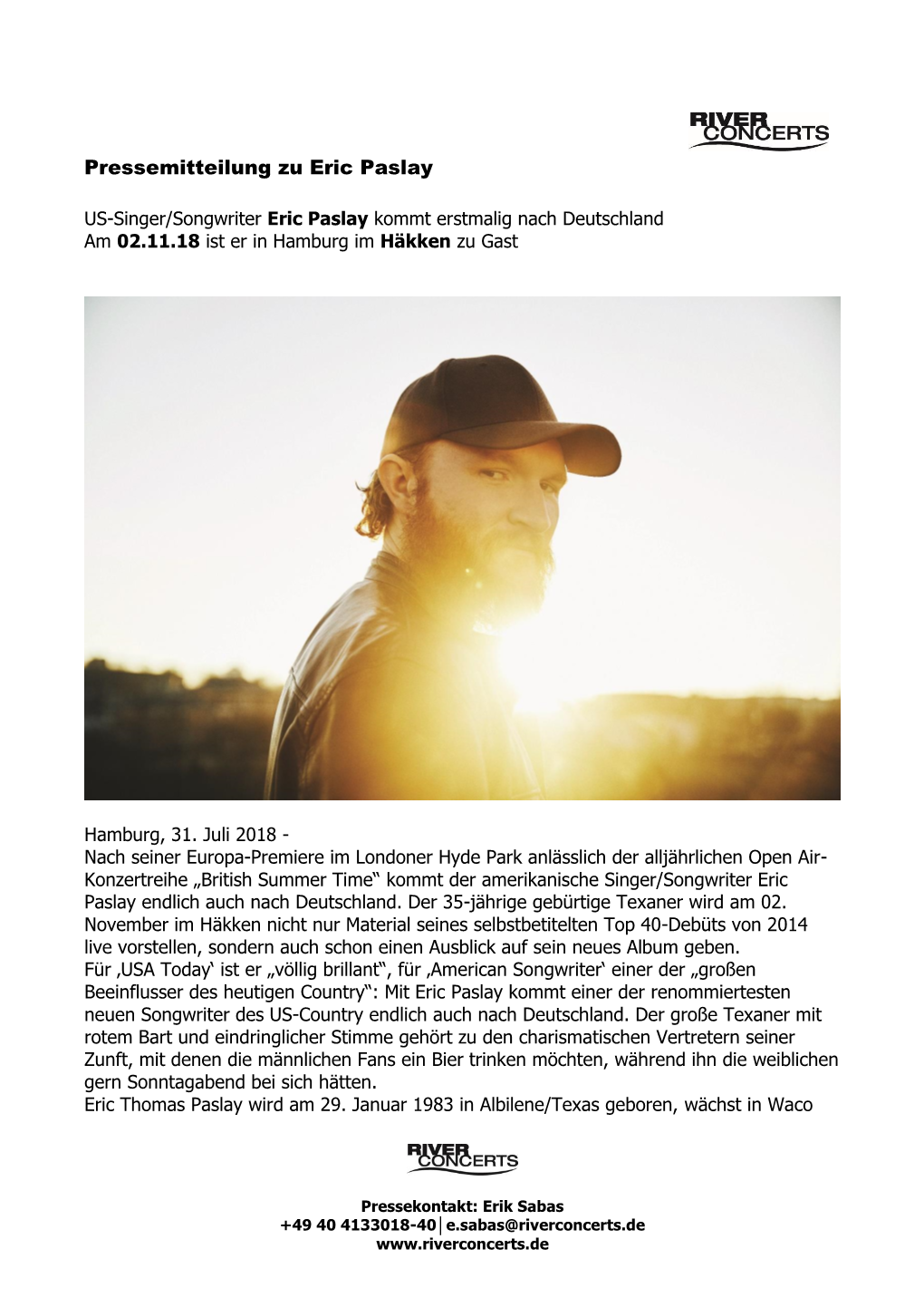 Pressemitteilung Zu Eric Paslay