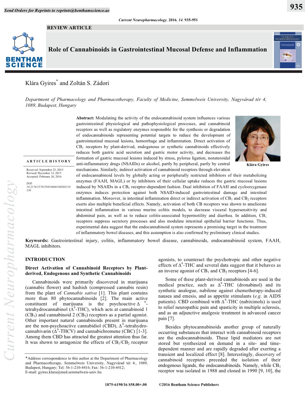 Current Neuropharmacology, 2016, 14, 935-951