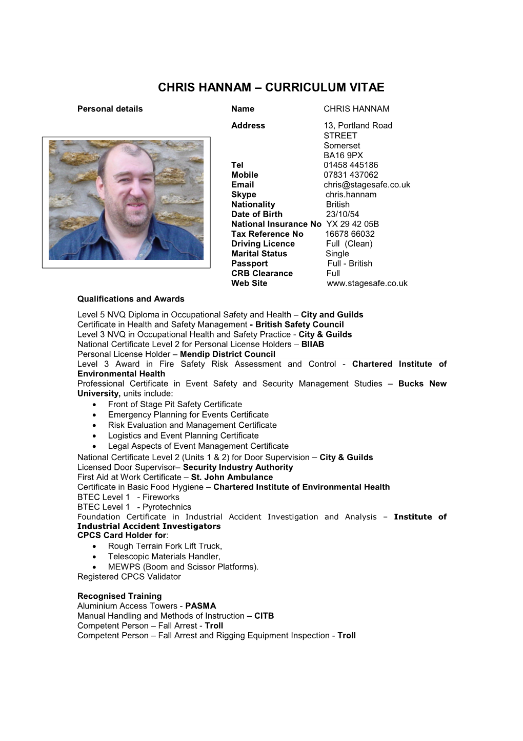 Chris Hannam – Curriculum Vitae