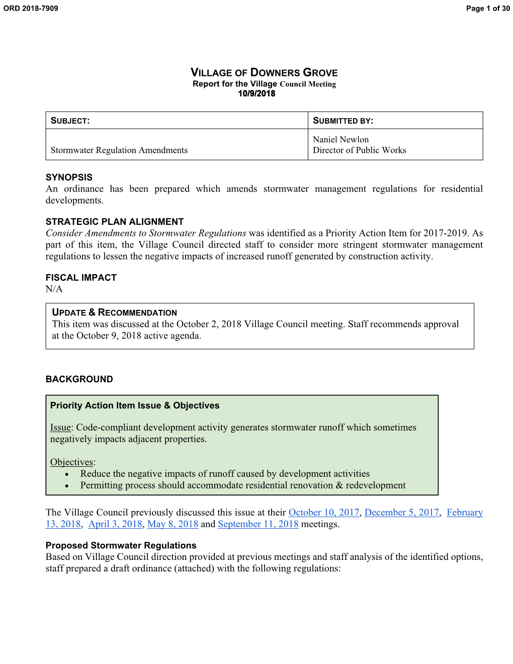 An Ordinance Has Been Prepared Which Amends Stormwater Management Regulations for Residential Developments