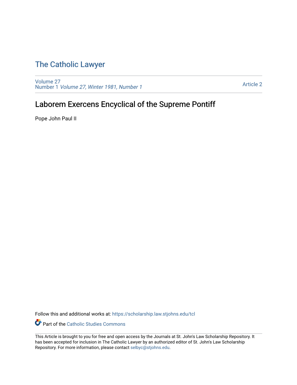 Laborem Exercens Encyclical of the Supreme Pontiff