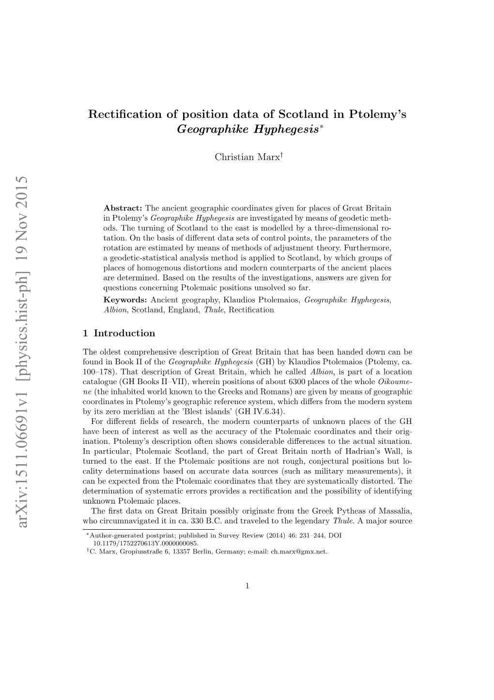 Rectification of Position Data of Scotland in Ptolemy's Geographike