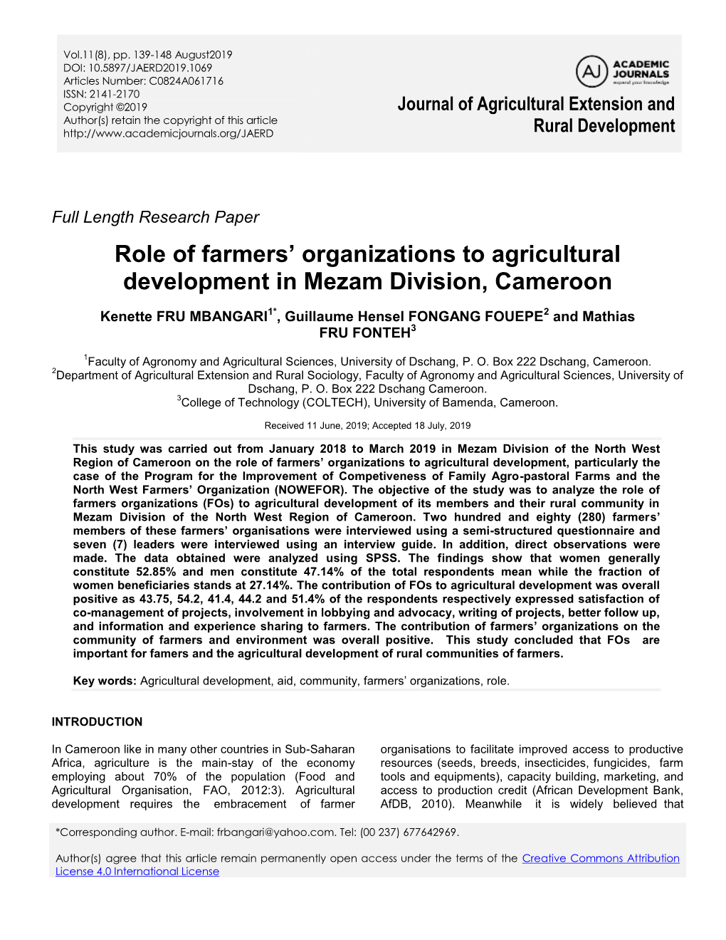 Role of Farmers' Organizations to Agricultural Development in Mezam