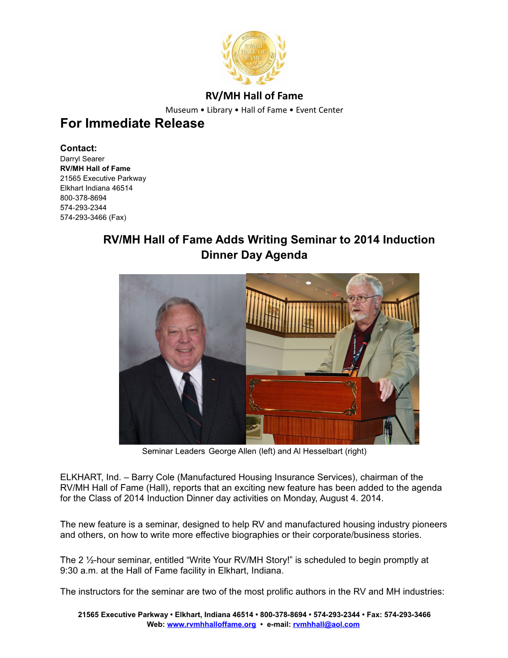 RV/MH Hall of Fame Adds Writing Seminar to 2014 Induction Dinner Day Agenda