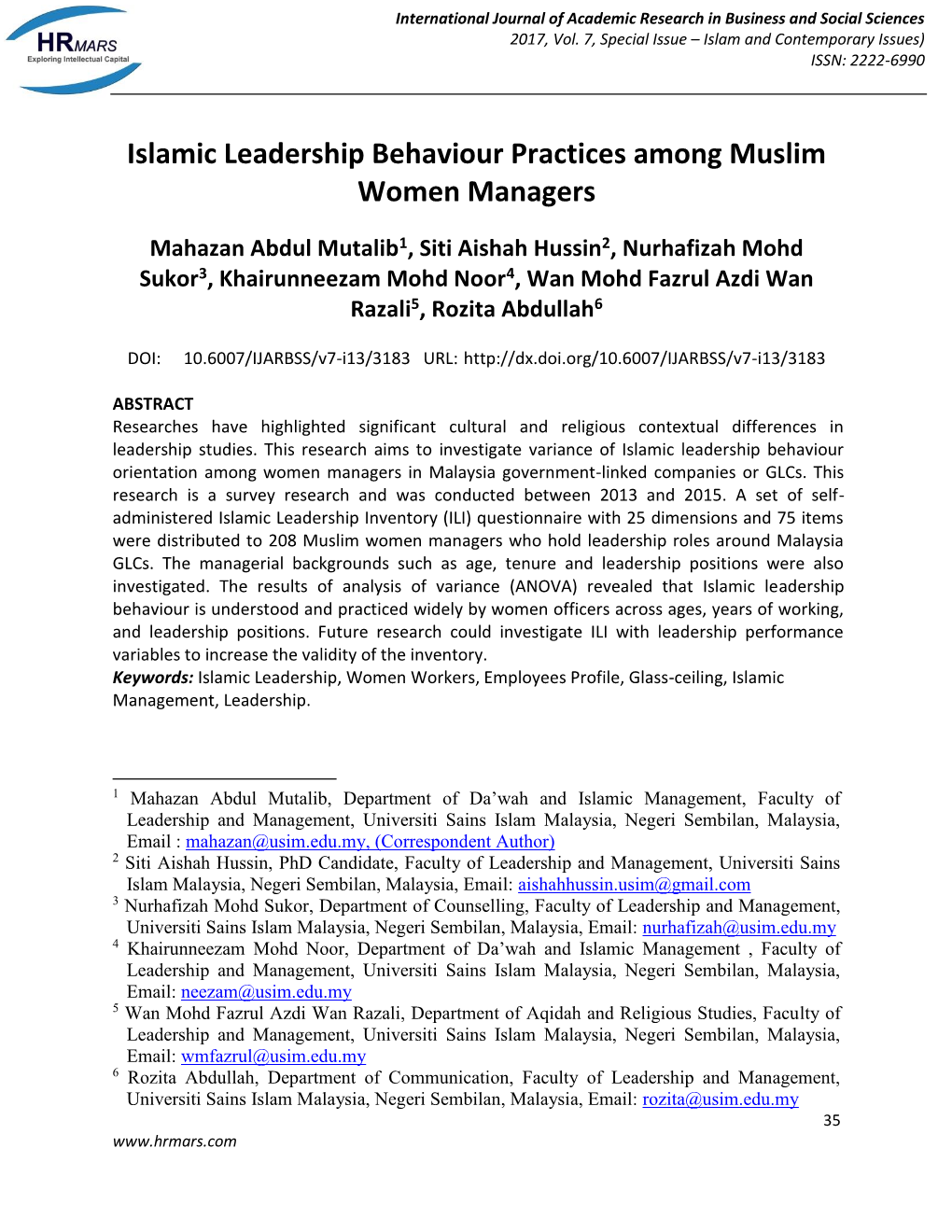 Islamic Leadership Behaviour Practices Among Muslim Women Managers