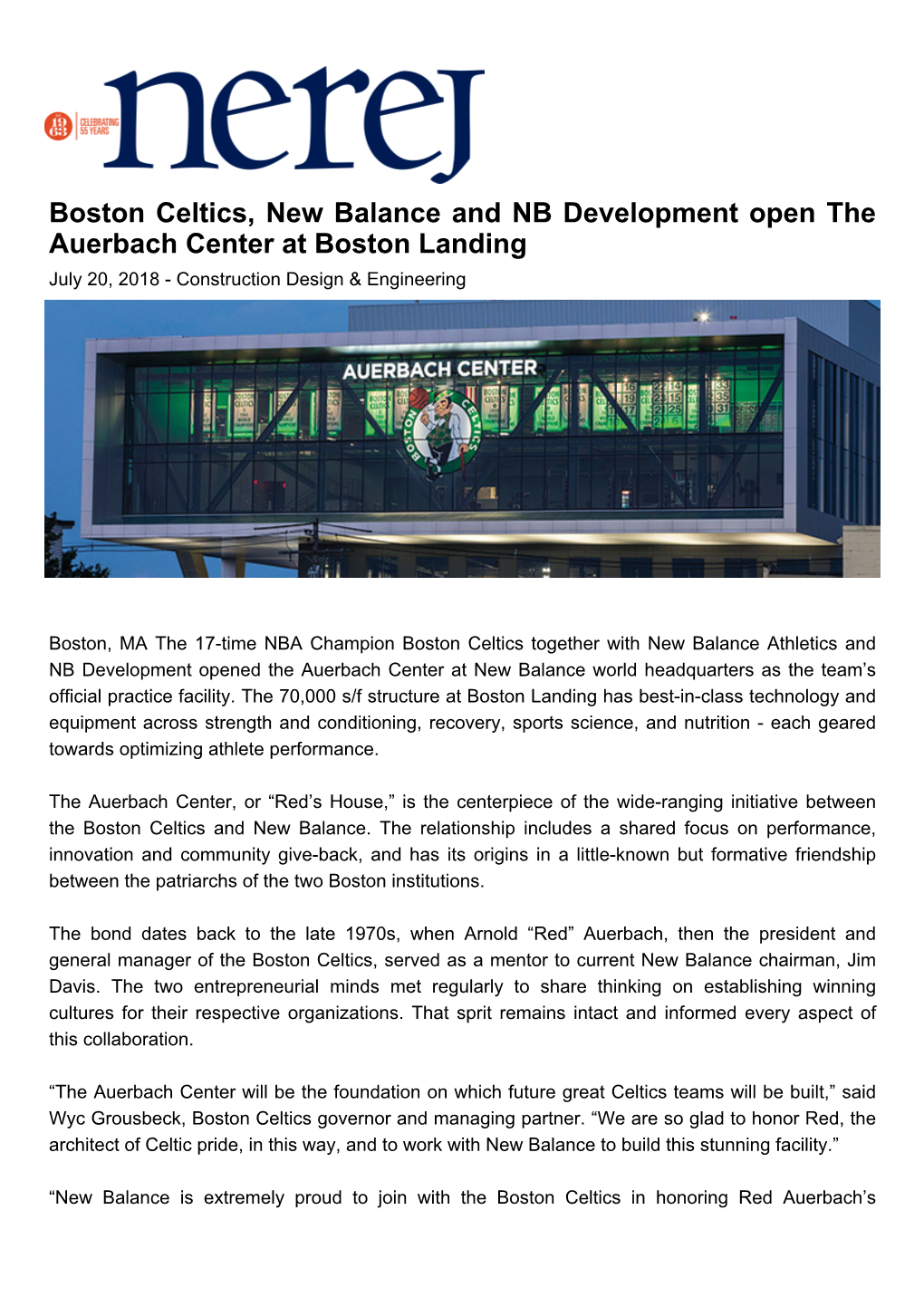 Boston Celtics, New Balance and NB Development Open the Auerbach Center at Boston Landing July 20, 2018 - Construction Design & Engineering