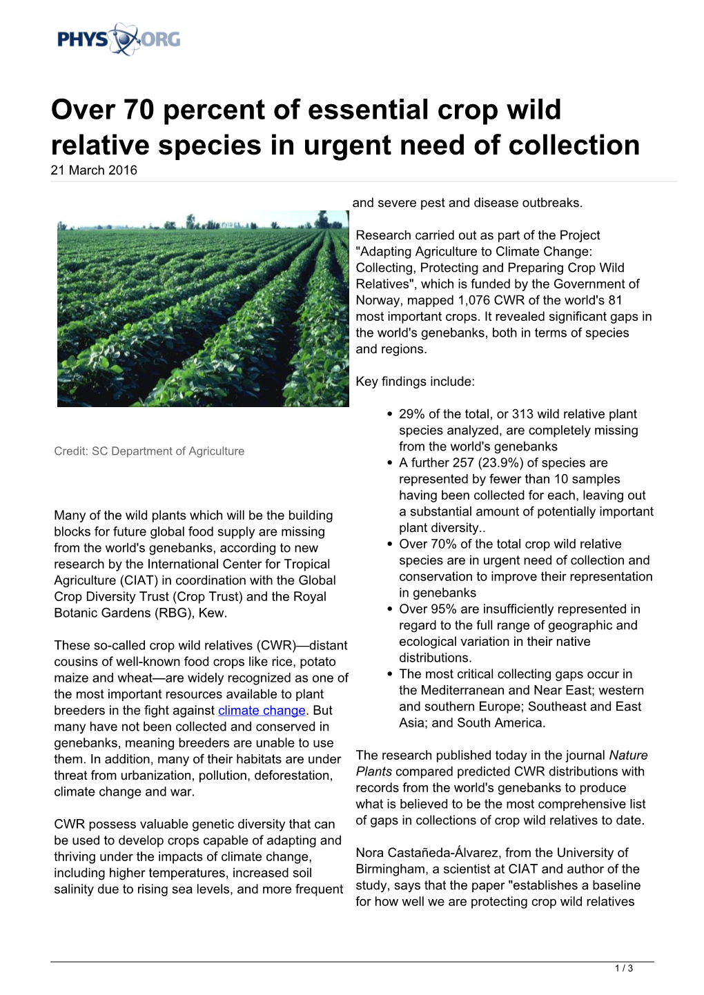 Over 70 Percent of Essential Crop Wild Relative Species in Urgent Need of Collection 21 March 2016