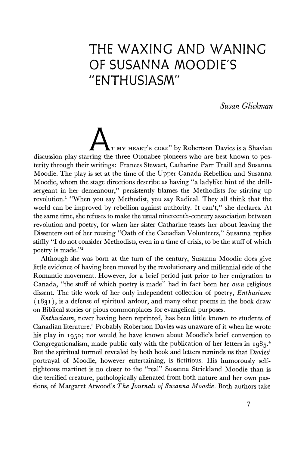 The Waxing and Waning of Susanna Moodie's "Enthusiasm"