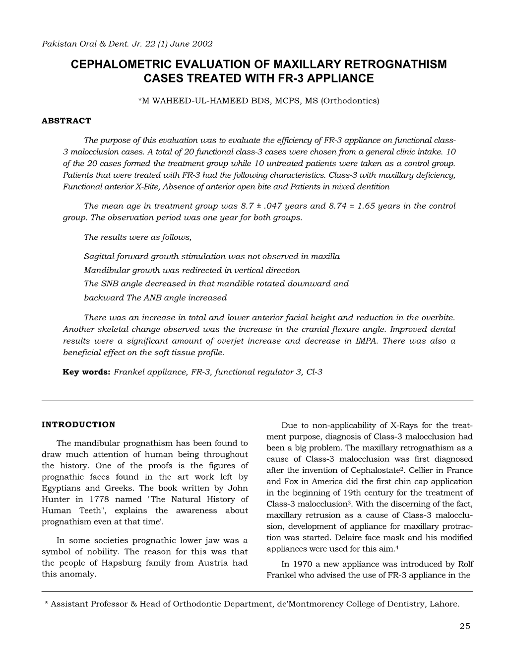 Cephalometric Evaluation of Maxillary Retrognathism Cases Treated with Fr-3 Appliance