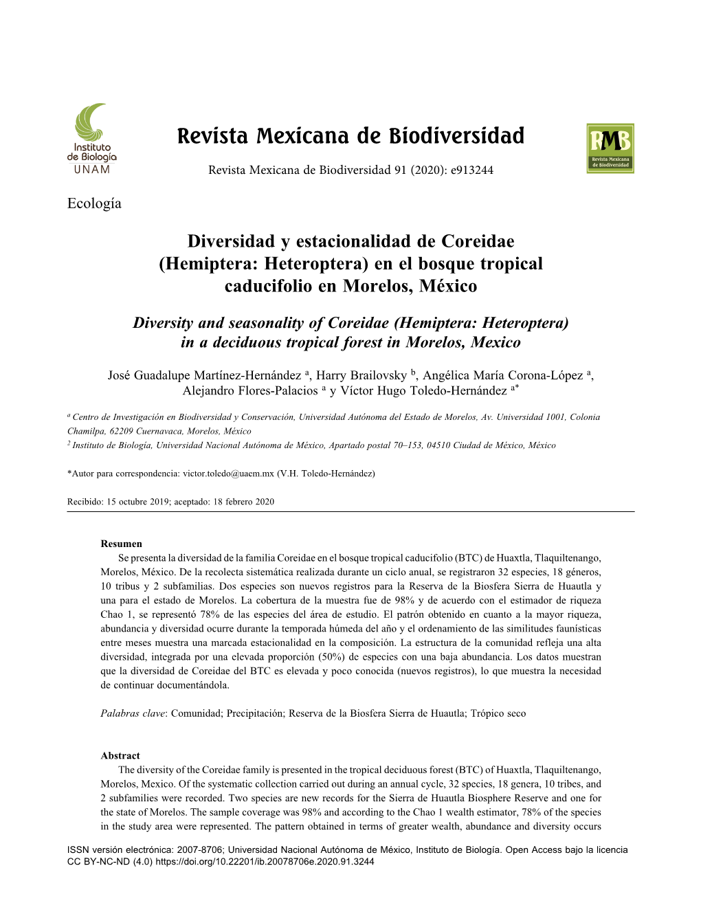 Diversidad Y Estacionalidad De Coreidae (Hemiptera: Heteroptera) En El Bosque Tropical Caducifolio En Morelos, México