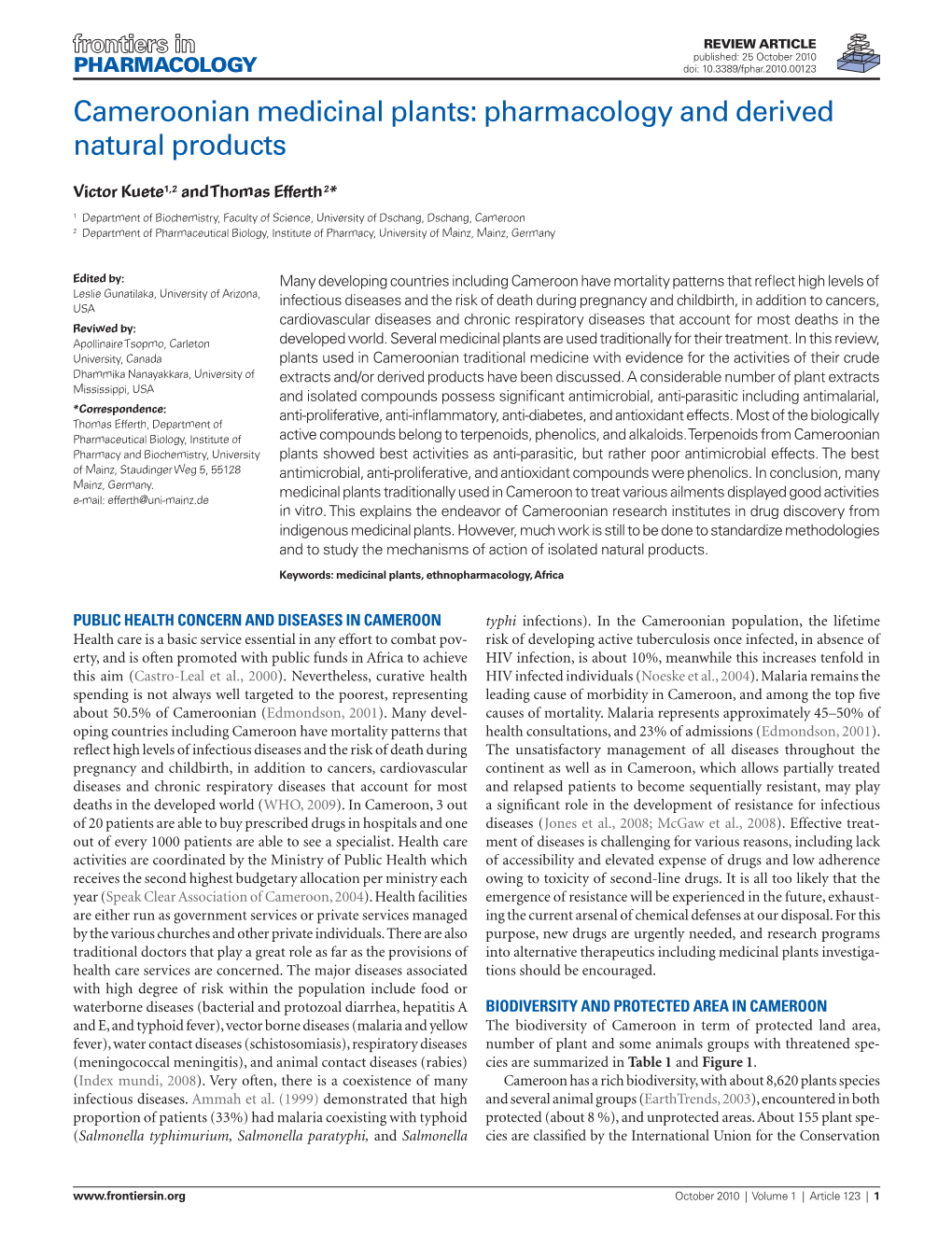 Cameroonian Medicinal Plants: Pharmacology and Derived Natural Products