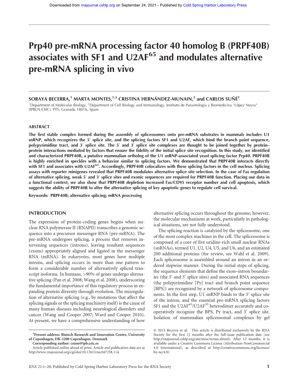 Prp40 Pre-Mrna Processing Factor 40 Homolog B (PRPF40B) Associates with SF1 and U2AF65 and Modulates Alternative Pre-Mrna Splicing in Vivo
