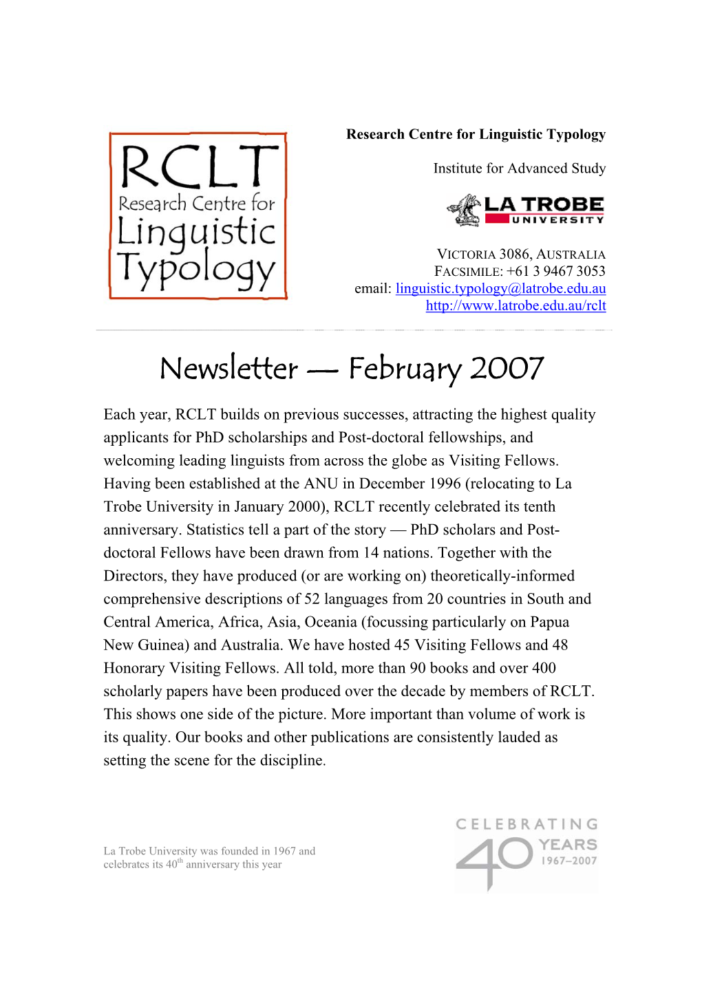 Annual Newsletter of the Research Centre for Linguistic Typology 2007