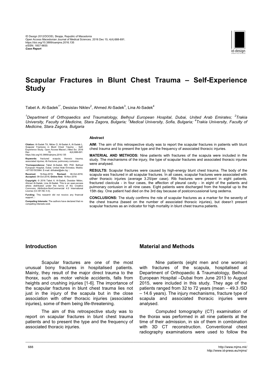 Scapular Fractures in Blunt Chest Trauma – Self-Experience Study