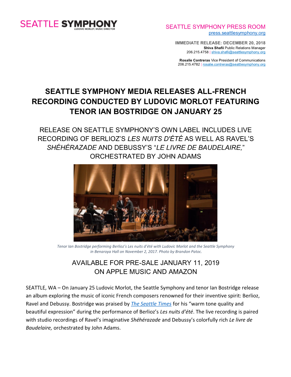 Seattle Symphony Media Releases All-French Recording Conducted by Ludovic Morlot Featuring Tenor Ian Bostridge on January 25