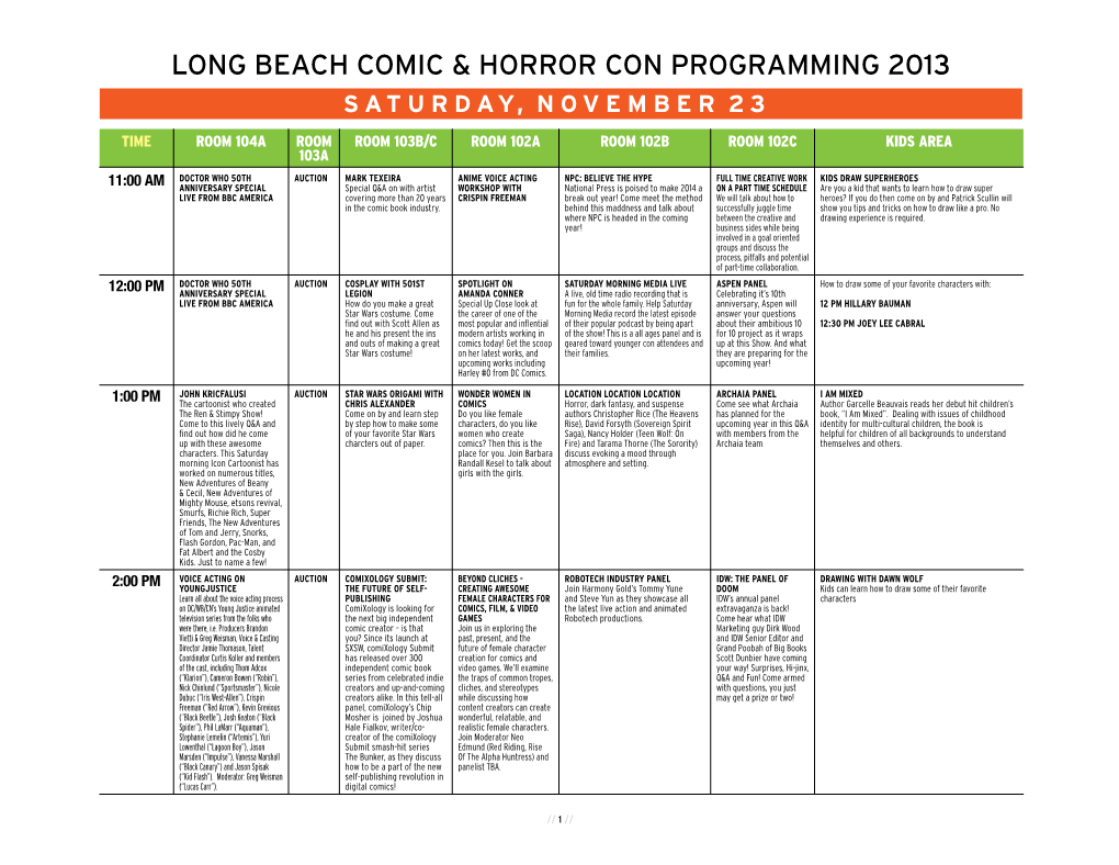 Long Beach Comic & Horror Con Programming 2013