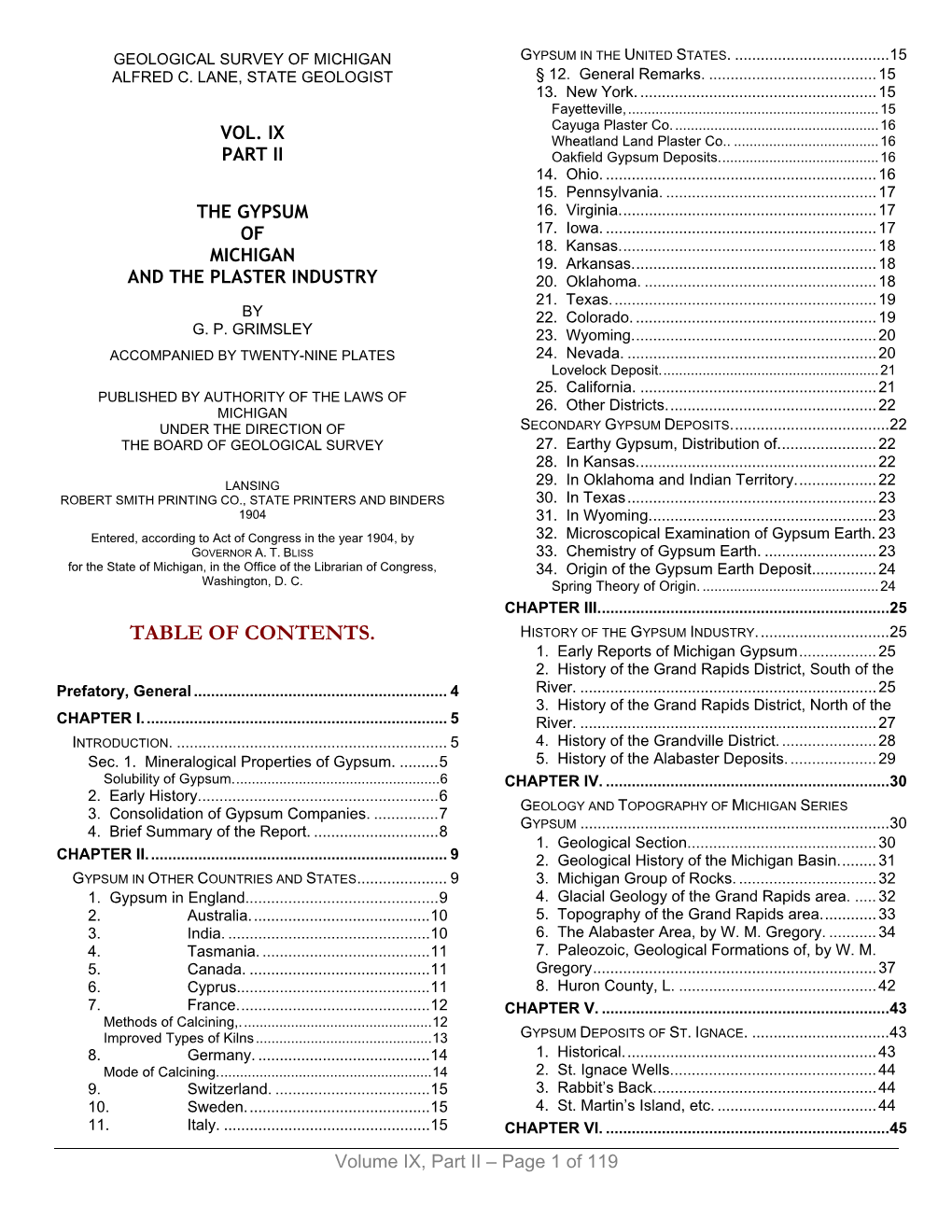 Table of Contents. History of the Gypsum Industry