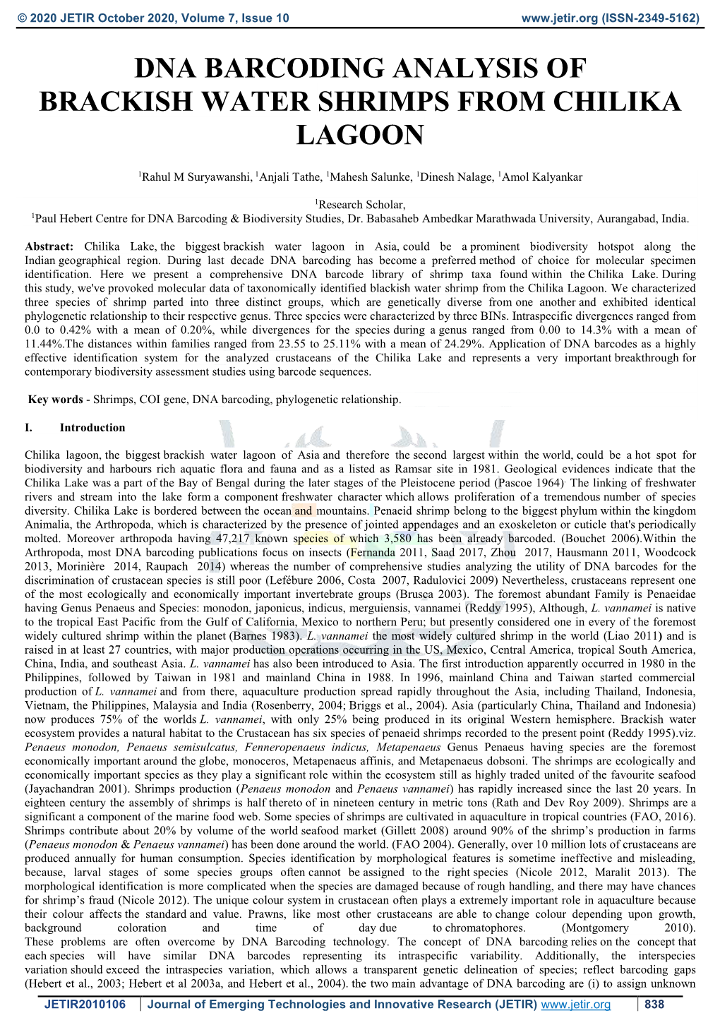 Dna Barcoding Analysis of Brackish Water Shrimps from Chilika Lagoon