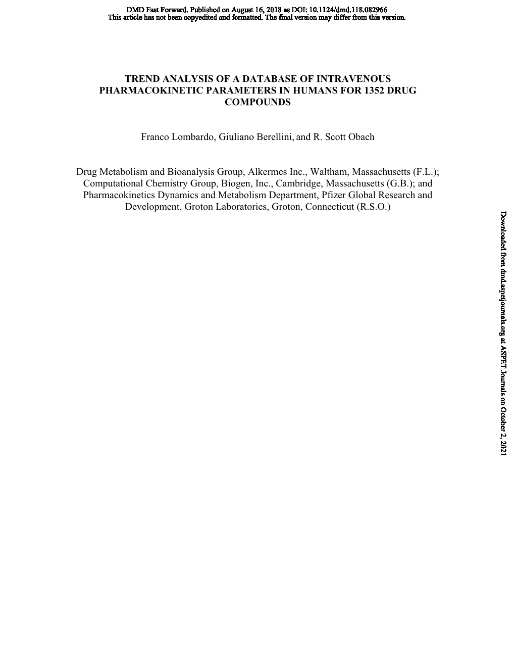 Trend Analysis of a Database of Intravenous Pharmacokinetic Parameters in Humans for 1352 Drug Compounds