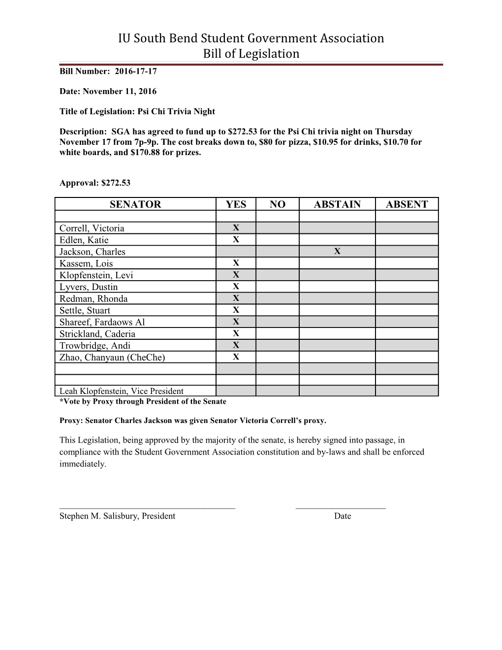 IU South Bend Student Government Association Bill of Legislation