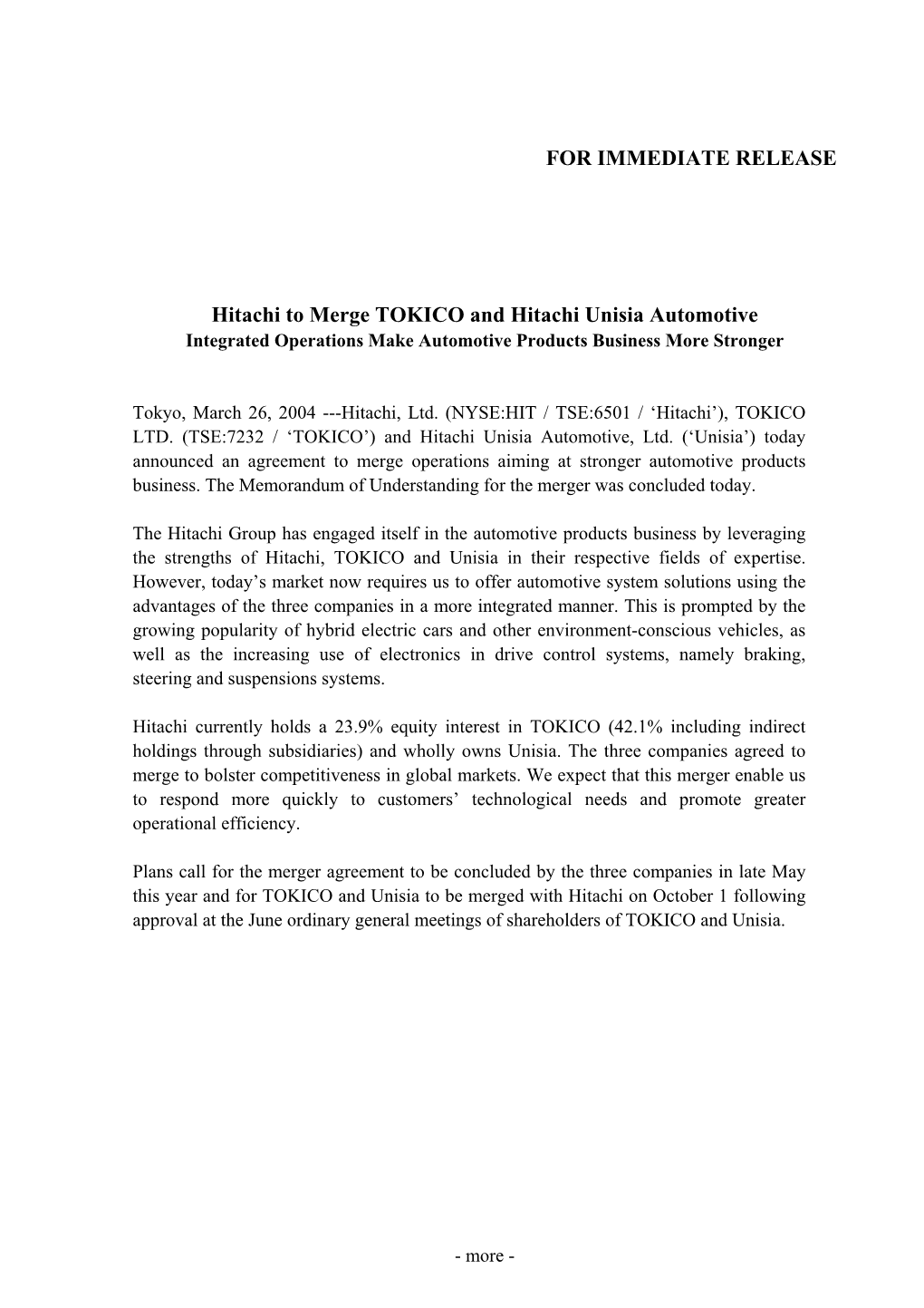 Hitachi to Merge TOKICO and Hitachi Unisia Automotive Integrated Operations Make Automotive Products Business More Stronger