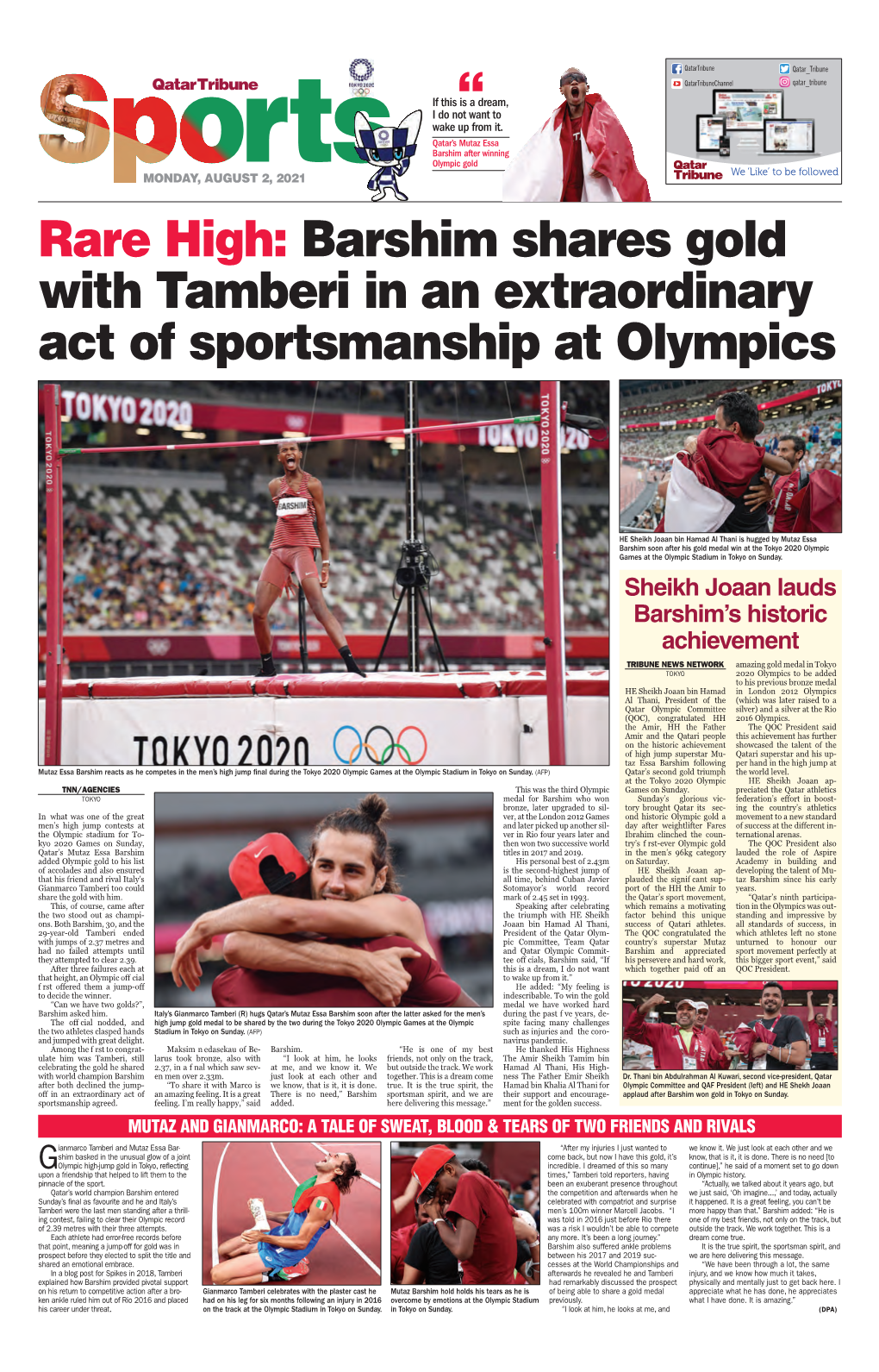 Barshim Shares Gold with Tamberi in an Extraordinary Act of Sportsmanship at Olympics