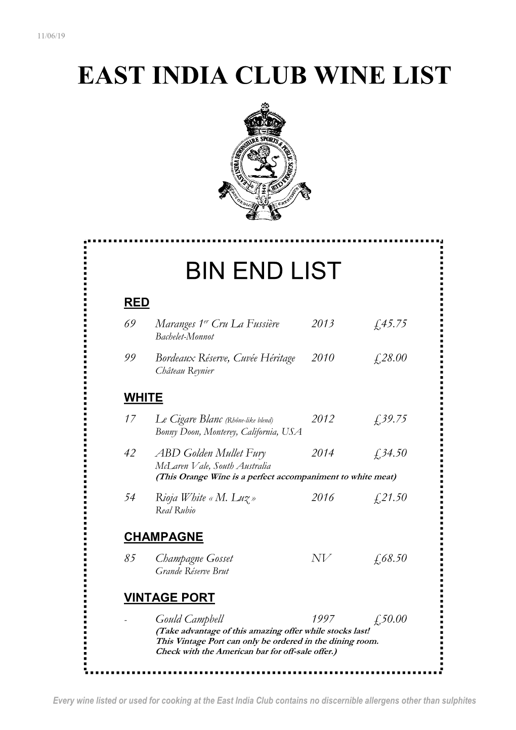East India Club Wine List