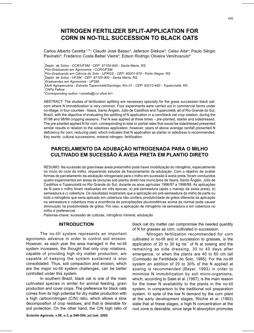 Nitrogen Fertilizer Split-Application for Corn in No-Till Succession to Black Oats