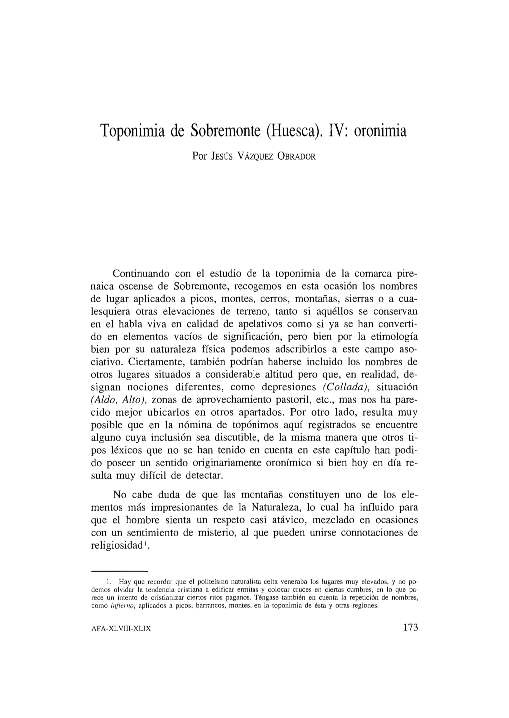 Toponimia De Sobremonte (Huesca). IV: Oronimia