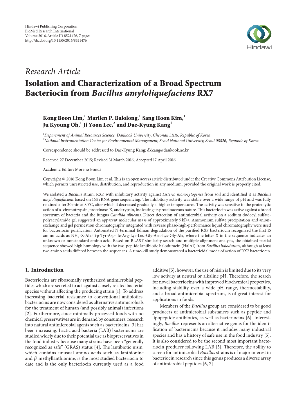 Isolation and Characterization of a Broad Spectrum Bacteriocin from Bacillus Amyloliquefaciens RX7