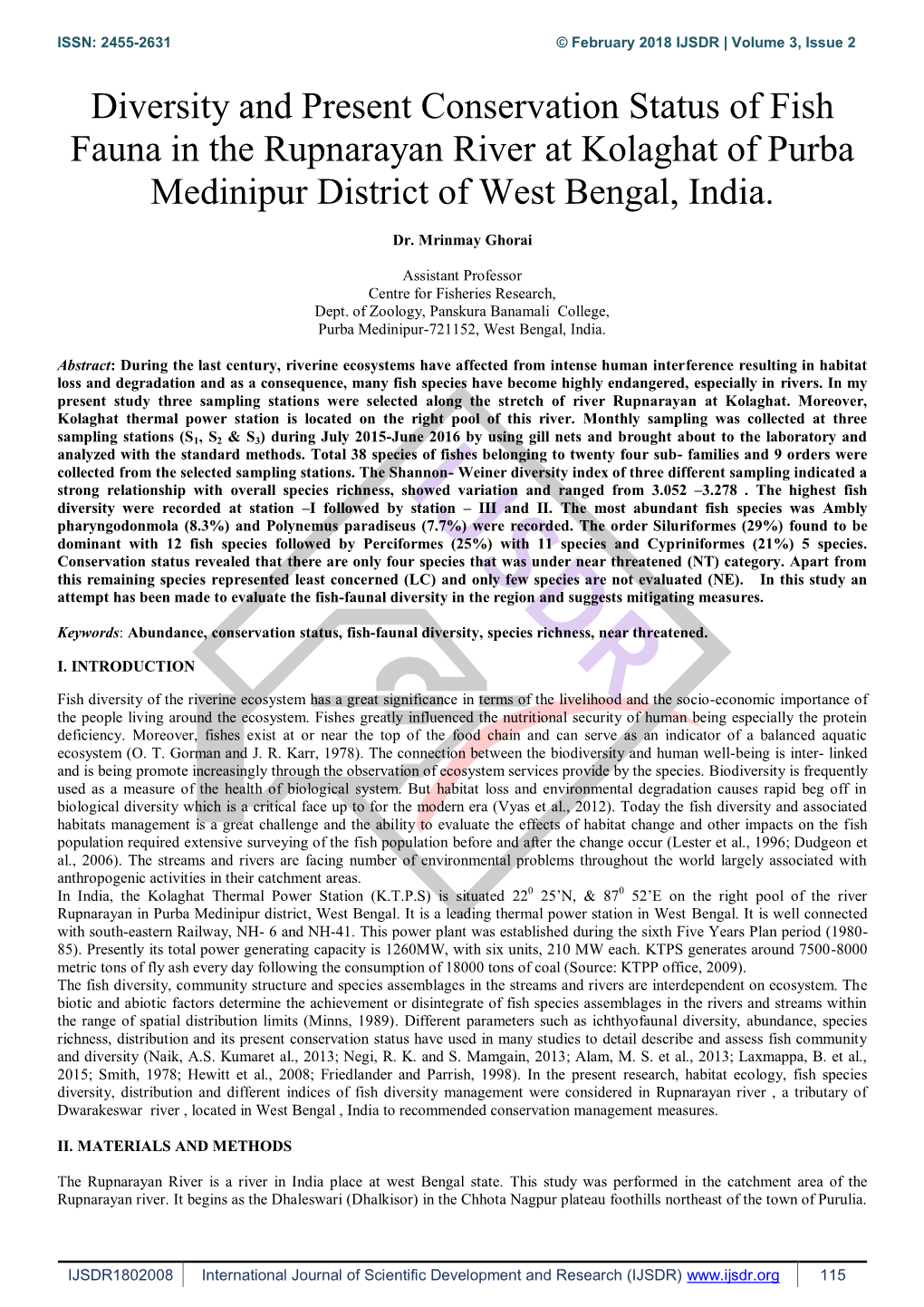 Diversity and Present Conservation Status of Fish Fauna in the Rupnarayan River at Kolaghat of Purba Medinipur District of West Bengal, India