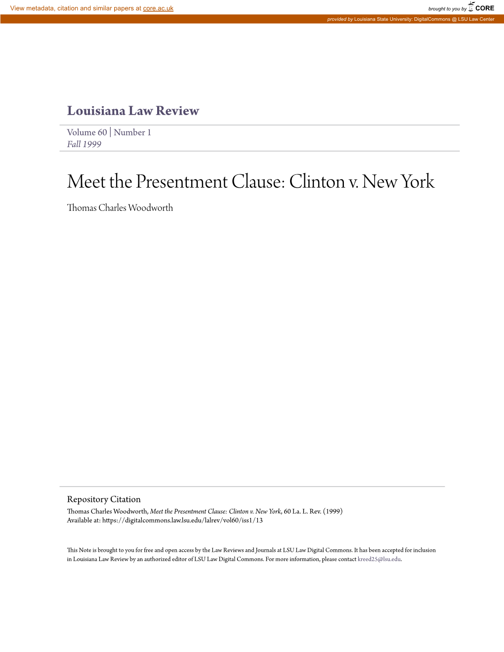 Meet the Presentment Clause: Clinton V. New York Thomas Charles Woodworth