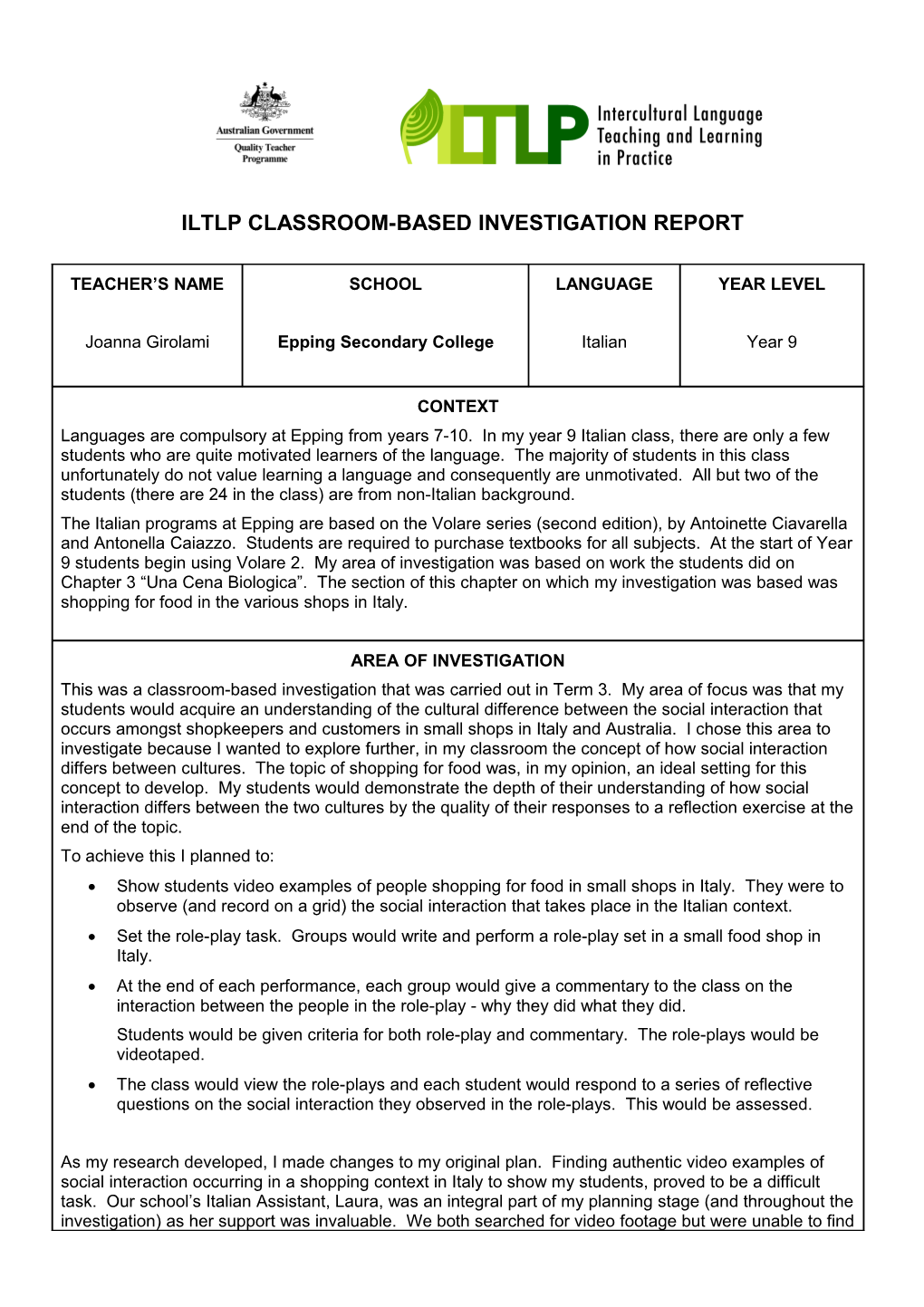 Iltlp Classroom-Based Investigation Report