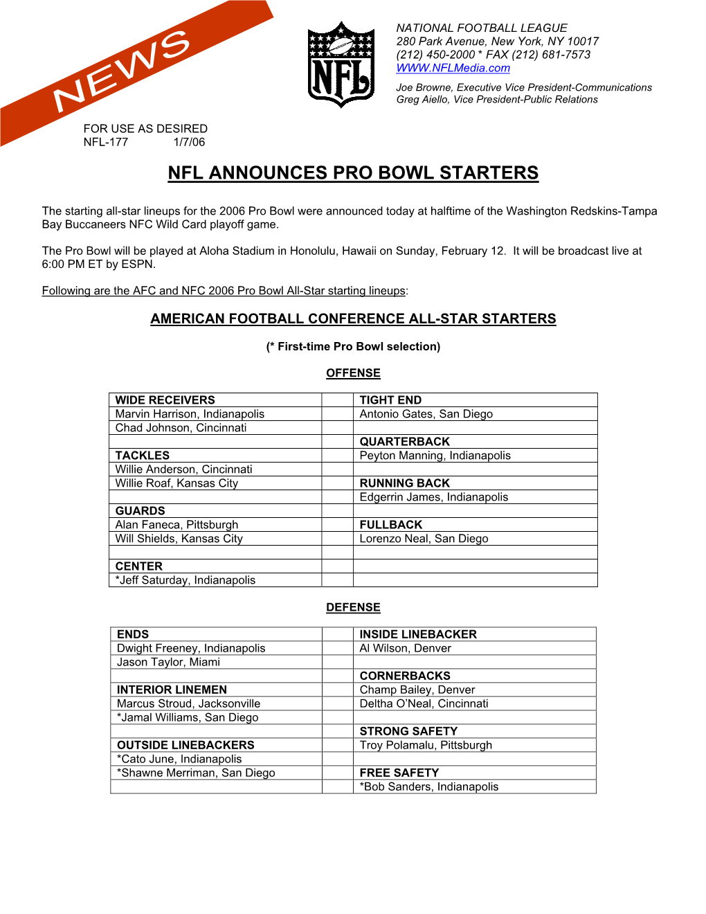 Nfl Announces Pro Bowl Starters