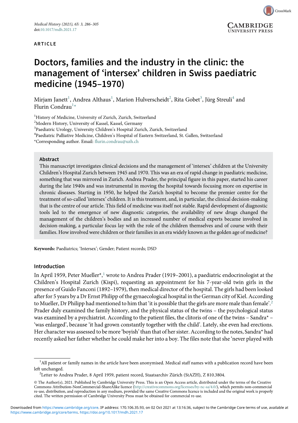 Doctors, Families and the Industry in the Clinic: the Management of ‘Intersex’ Children in Swiss Paediatric Medicine (1945–1970)