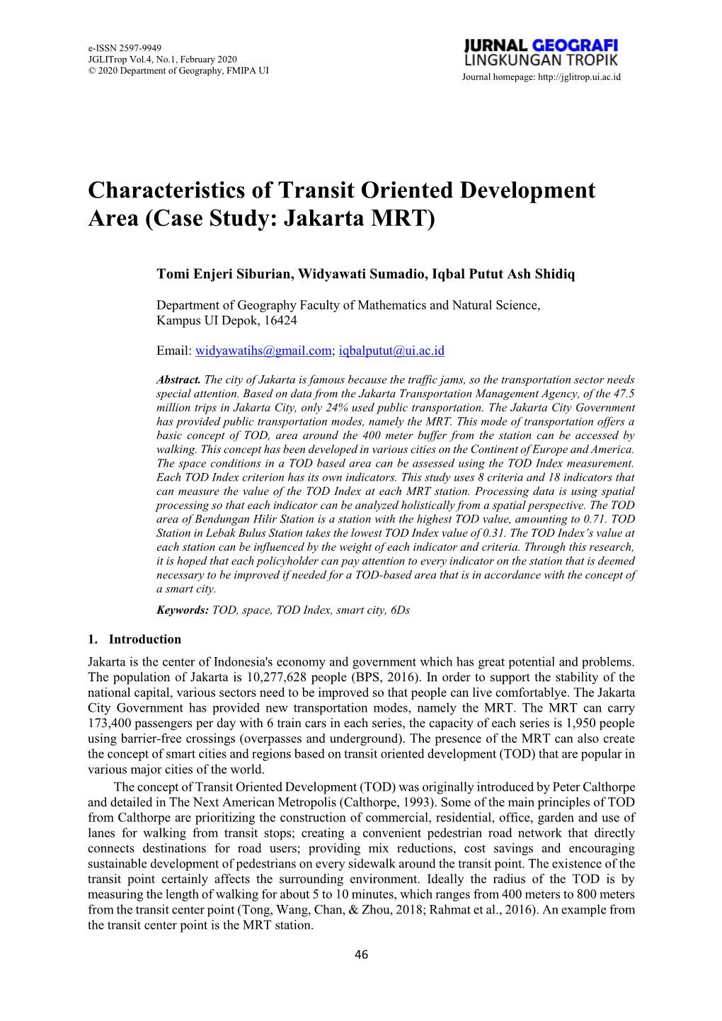 Characteristics of Transit Oriented Development Area (Case Study: Jakarta MRT)