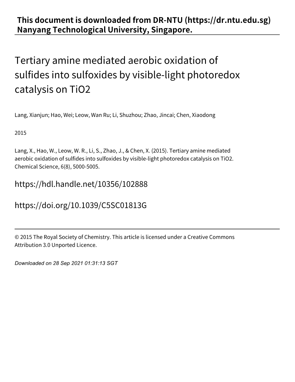 Tertiary Amine Mediated Aerobic Oxidation of Sulfides Into Sulfoxides by Visible‑Light Photoredox Catalysis on Tio2