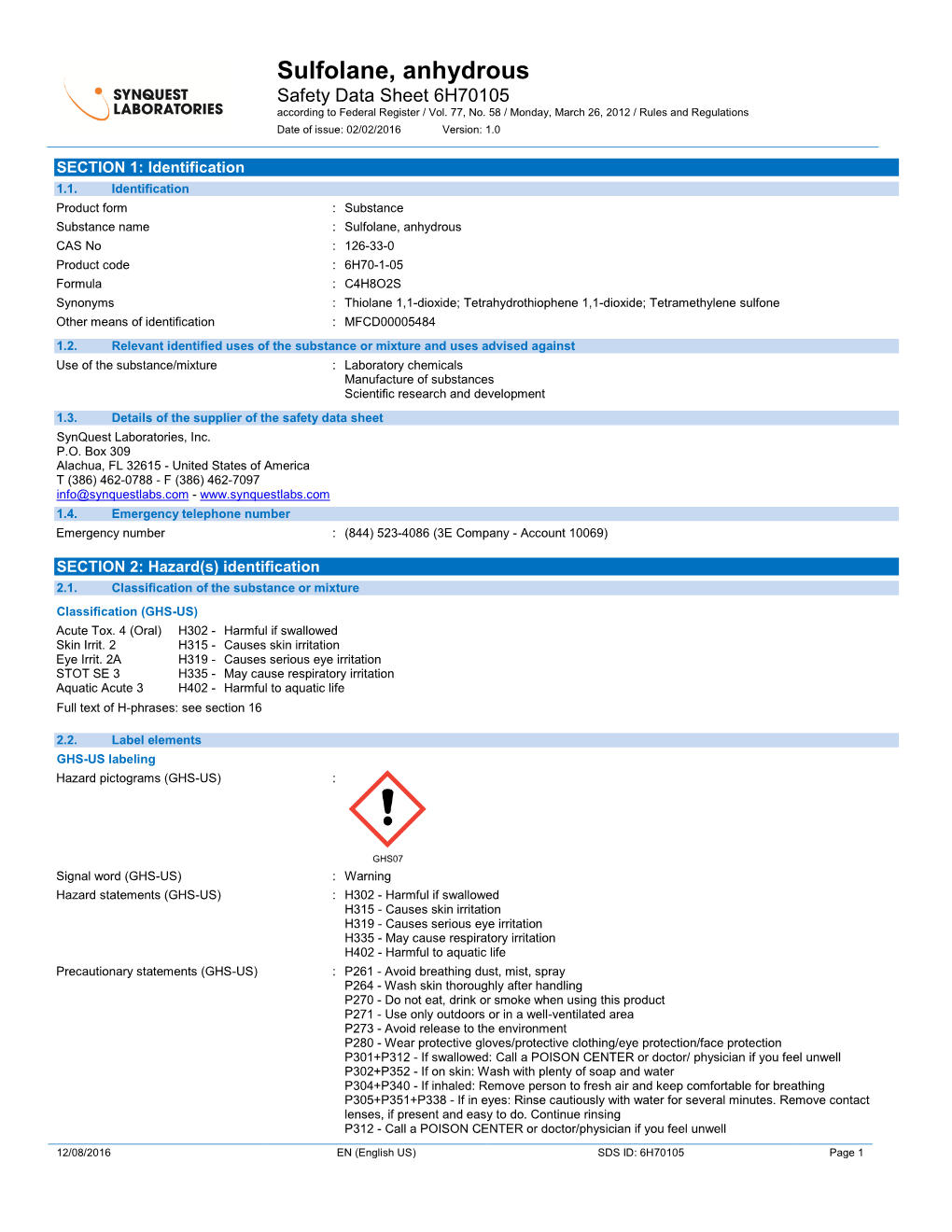 Sulfolane, Anhydrous Safety Data Sheet 6H70105 According to Federal Register / Vol