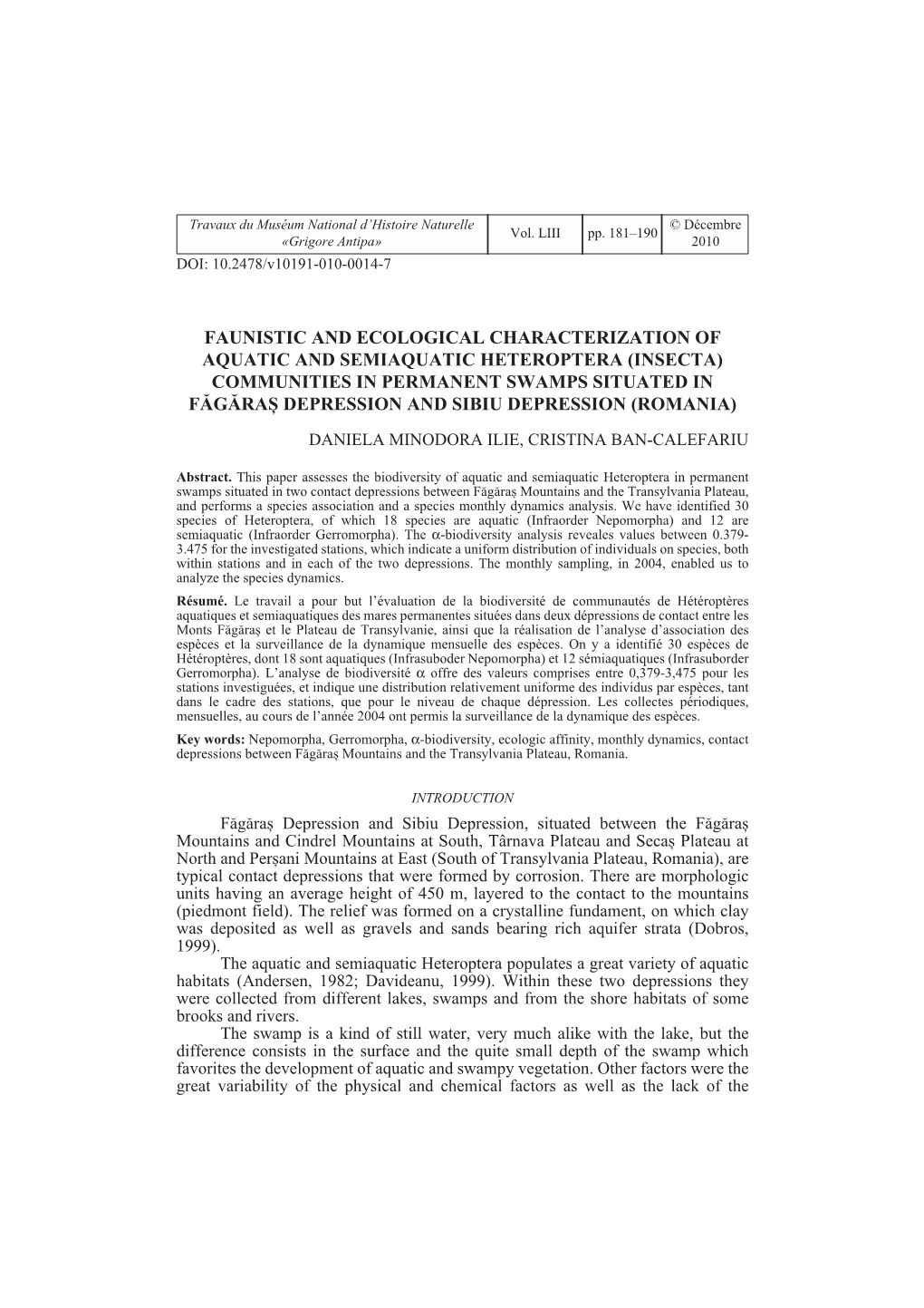 Faunistic and Ecological Characterization of Aquatic and Semiaquatic Heteroptera (Insecta) Communities in Permanent Swamps Situa