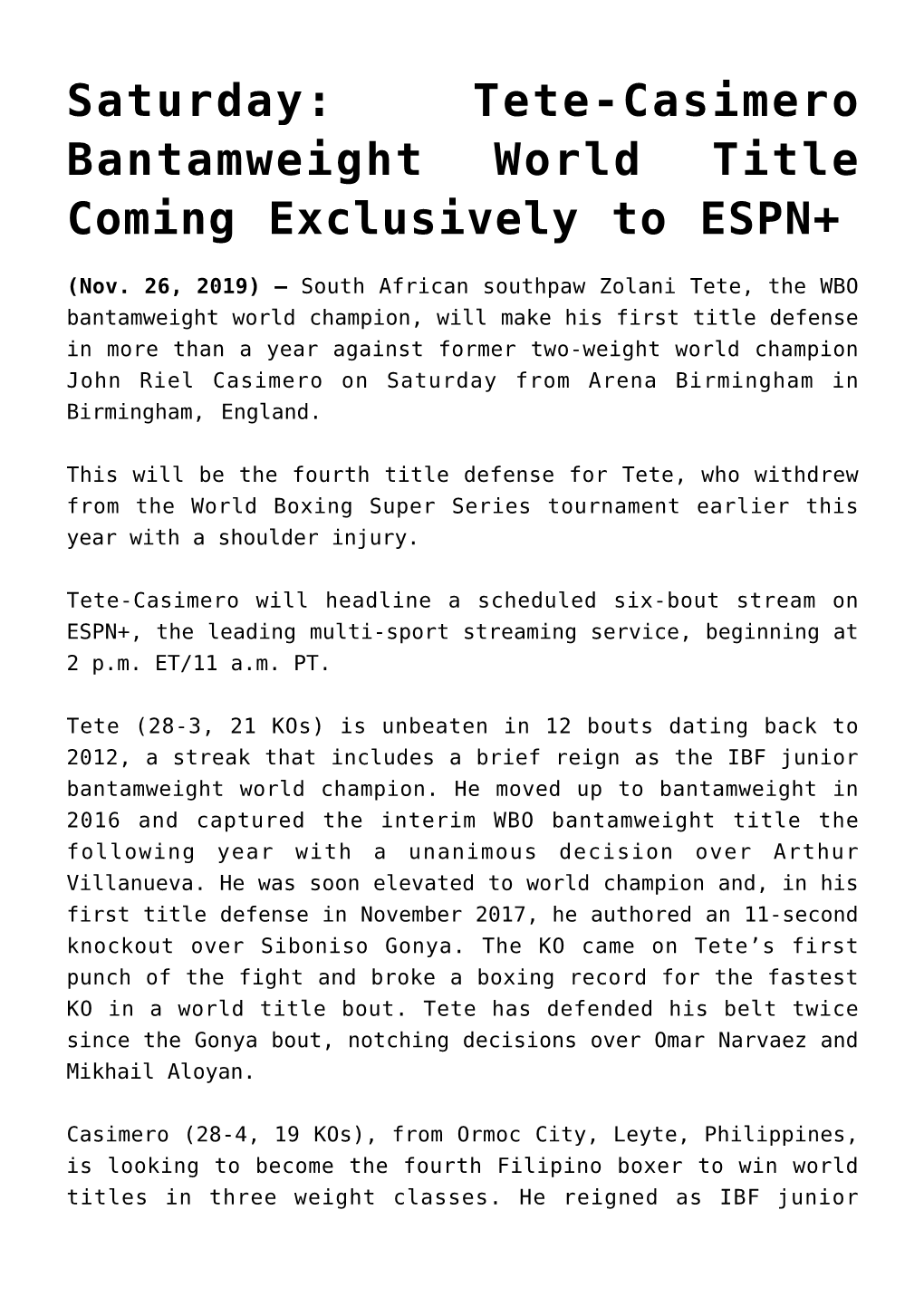 Tete-Casimero Bantamweight World Title Coming Exclusively to ESPN+