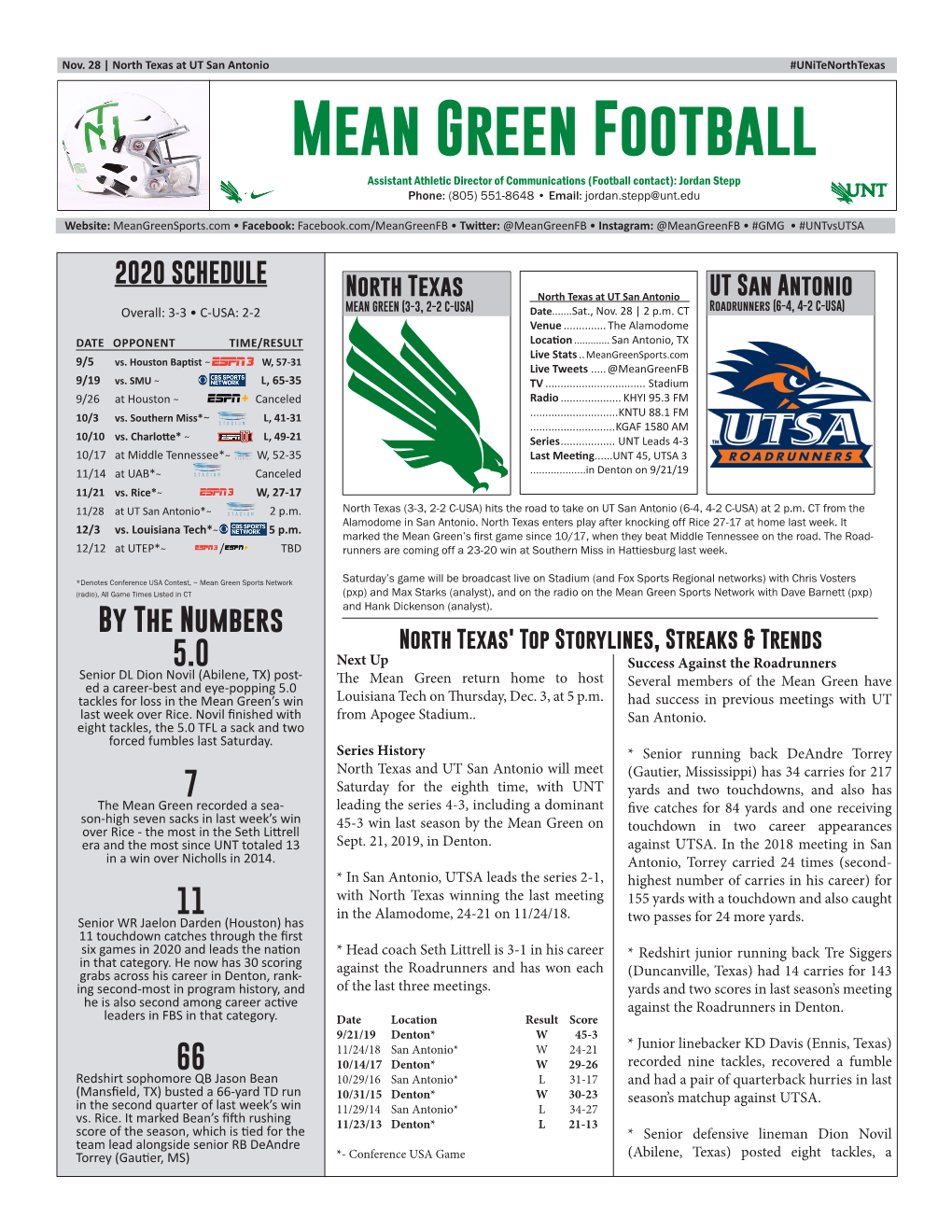 Mean Green Football Assistant Athletic Director of Communications (Football Contact): Jordan Stepp Phone: (805) 551-8648 • Email: Jordan.Stepp@Unt.Edu