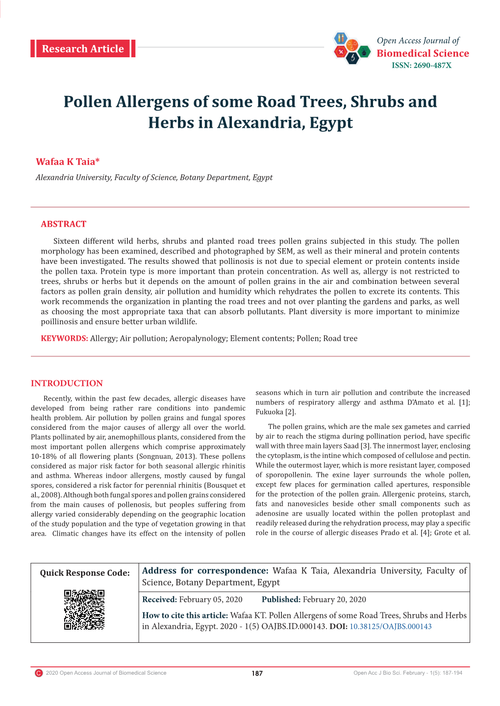 Pollen Allergens of Some Road Trees, Shrubs and Herbs in Alexandria, Egypt