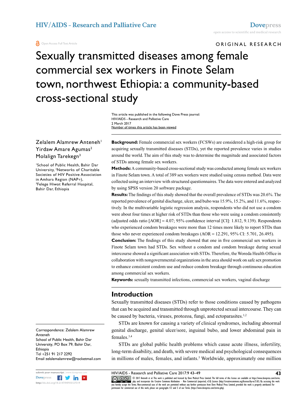 Sexually Transmitted Diseases Among Female Commercial Sex Workers in Finote Selam Town, Northwest Ethiopia: a Community-Based Cross‑Sectional Study